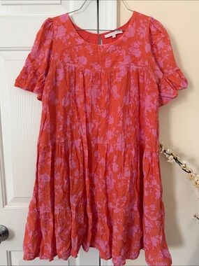 Olivaceous Red and Pink Floral Short-Sleeve Tiered Dress